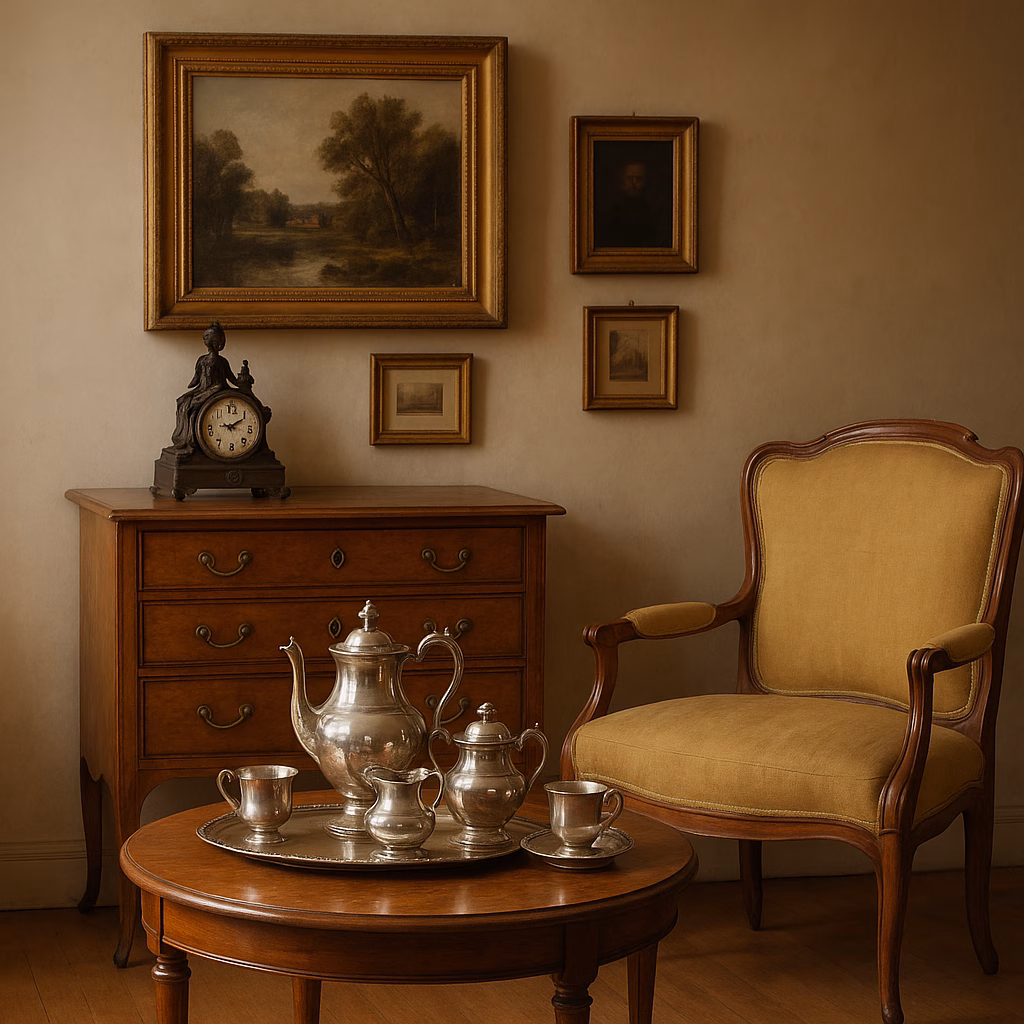 אוסף עתיקות משפחתי הכולל רהיטים ותמונות